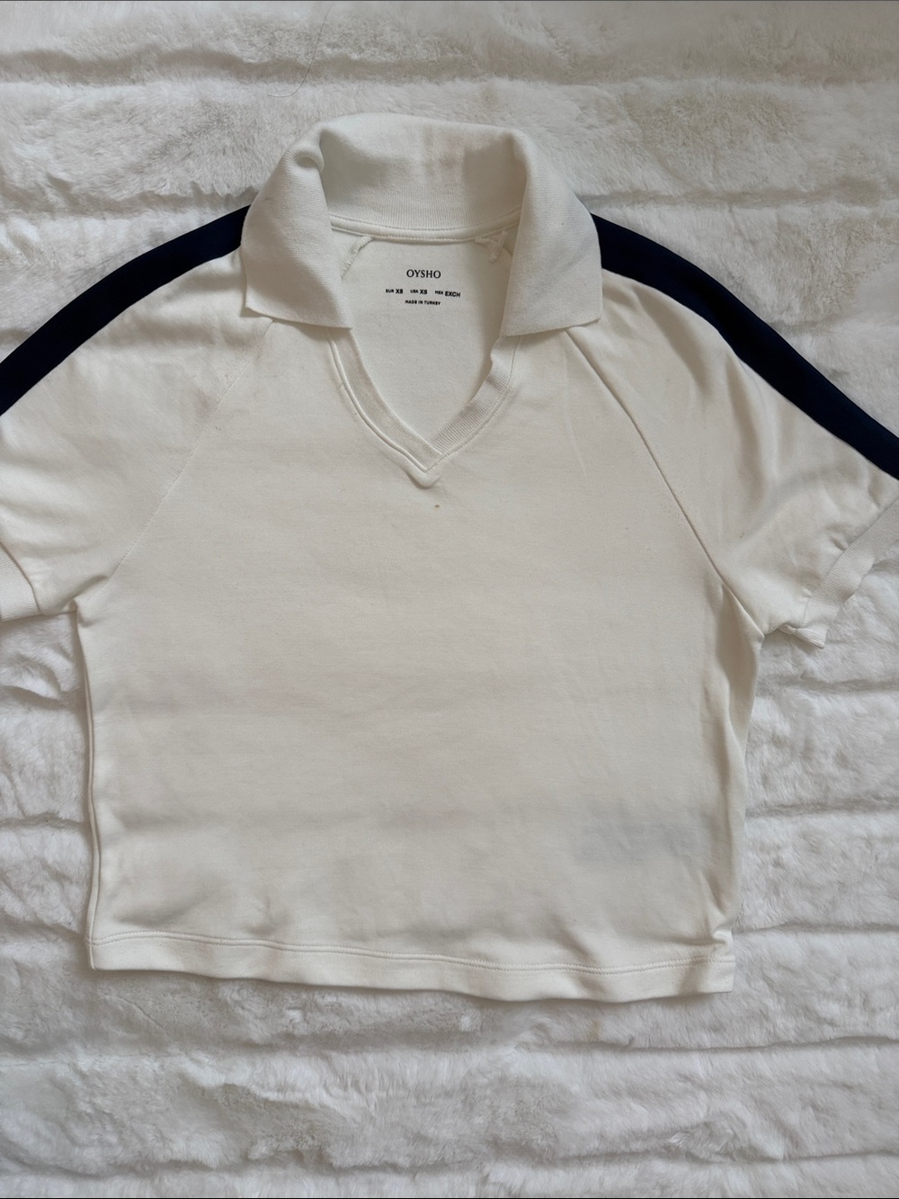 Oysho Kids White Polo with Navy Shoulder Stripe